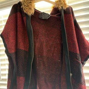 Women's Red and Black Poncho with Faux Fur Collar